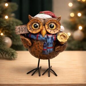 Vintage Christmas Owl With Big Eyes Holding Presents & Metal Legs Rare